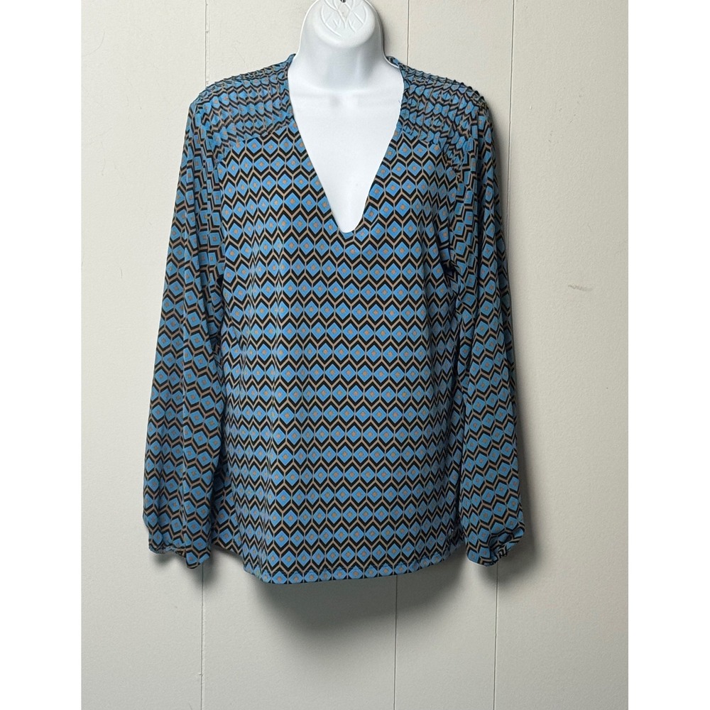 Calvin Klein Women's Blue Black Geometric Diamond Print V-Neck Blouse Size M